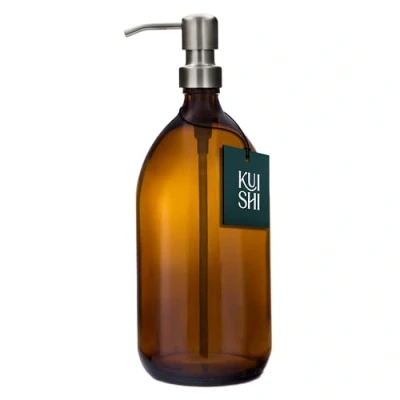 Imagen de Botella con Bomba de Vidrio ámbar Kuishi Acero Inoxidable [1000ml, Plateada], Botellas marrón Recargables Ideal para Lavado a Mano, champú, acondicionador (sin BPA)