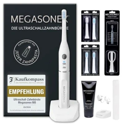 Imagen de MEGASONEX Juego de cepillos dientes ultrasónicos M8, incluye pasta dientes, accesorio para la lengua y 2 cabezales cepillo medianos