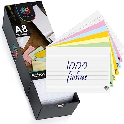 Imagen de OfficeTree 1000 x Fichas A8 Flashcards con Caja Cartulina Rayas, Cuadriculadas, en Blanco y Multicolores Tarjetas para Estudiar Vocabulario, Apuntes Fórmulas
