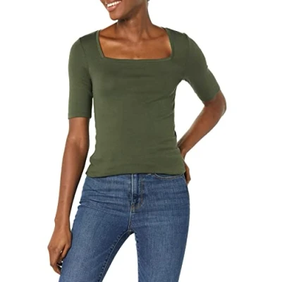 Imagen de Amazon Essentials Camiseta Entallada con Media Manga y Cuello Cuadrado Mujer, Verde Oliva, S