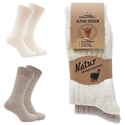 Imagen de MOUNTREX® calcetines de alpaca, lana para hombre y mujer, invierno, cálidos, térmicos, finos, peluche, 2 pares, crudo/beige, 39 42