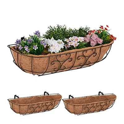 Imagen de Relaxdays Jardineras de Balcón Set 3, para Colgar en Barandilla, Hierro y Fibra Coco, 21x76x22 cm, Marrón/Natural