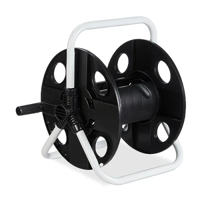 Imagen de Relaxdays Portamangueras, para Mangueras de 30 m 1/2&quot;, Acero, Plástico, Enrollamangueras, 38 x 42 31 cm, Negro/Blanco