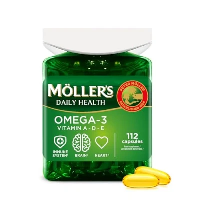 Imagen de Moller’s ® cápsulas de omega 3 Aceite pescado Suplemento dietético nórdico con y EPA, DHA, vitaminas A, D E Marca 166 años historia Daily Health 112