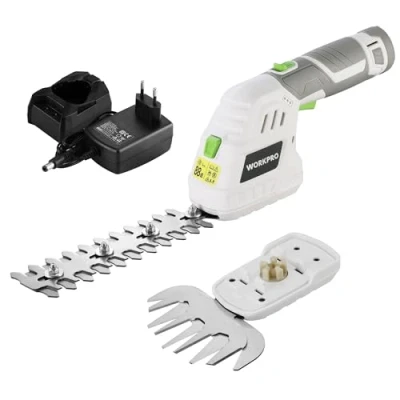 Imagen de WORKPRO 12V Tijera Cortacésped y Arreglasetos 2 en 1, Cortasetos Eléctrico para Césped Arbustos con Cuchillas, Batería Cargador, Tijeras Arreglaseto Ancho de Corte 12,5 cm Jardinería, Blanco