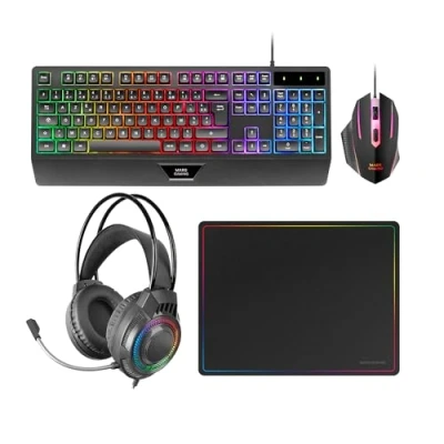 Imagen de Mars Gaming MCP124PRO, Combo 4en1, Teclado RGB H Mech con Reposamuñecas, Ratón 3200DPI y Switches HUANO, Auriculares FRGB, Alfombrilla Nanotextil 36x26cm, Multiplataforma, Español, Negro