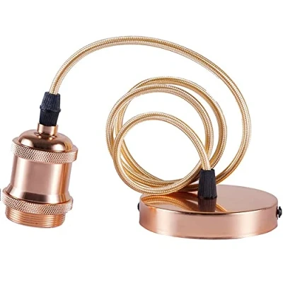 Imagen de Hsthe Sea Lámpara colgante con anillo roscado, Portalámparas E27 Cable de enchufe retro vintage aluminio, E27, textil 100 cm, Dorado