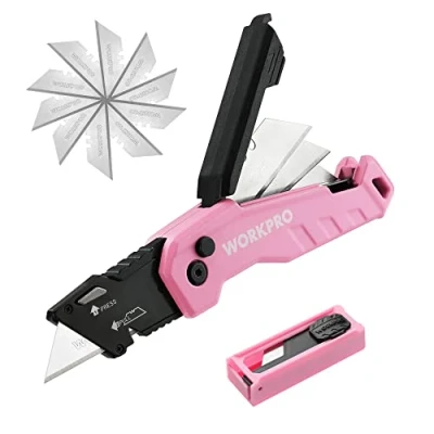 Imagen de WORKPRO Cúter Plegable con Mango Aluminio Rosa, Cuchillo de Cambio Rápido, Almacenamiento Hoja y Clip para Cinturón, incluido 14 Hojas Cuchillas