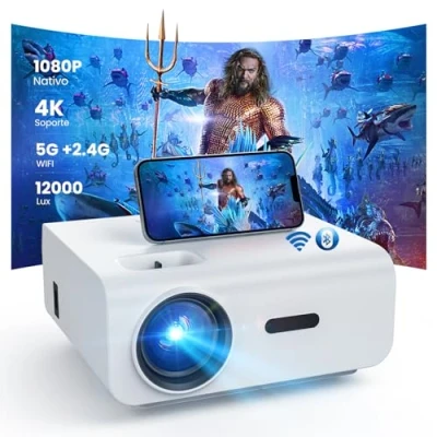 Imagen de HOPVISION Proyector, Mini Proyector Portátil WiFi Bluetooth, 12000Lúmenes 4K Soportado, Videoproyector Cine en Casa Full HD 1080P Compatible con Smartphone/HDMI/USB/Laptop/Fire Stick/PS5