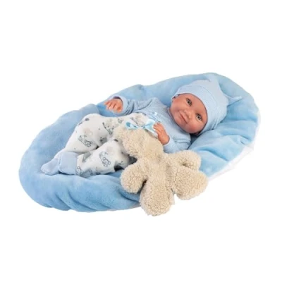 Imagen de Llorens Muñeca Nico 1073807 con Ojos Azules, Cuerpo de Vinilo, Incluye Traje, Oso Peluche y cojín Azul, 40 cm