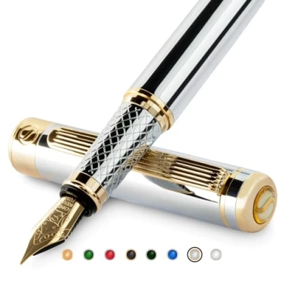 Imagen de Scriveiner Pluma Estilográfica Plateada con Detalles de Oro 24k y 18K para una Caligrafía Suave Elegante, Plumilla (Fina) Convertidor Instalado Schmidt, Dos Cartuchos Tinta, Azul Negro