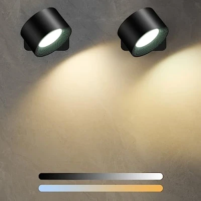 Imagen de Diealles Shine Aplique Pared Interior, Lampara Recargable con 3 Brillos y Colores, Apliques de Giratoria 360 para Dormitorio, Cocina, Baño, Sala Estar (Negro 2 Piezas)