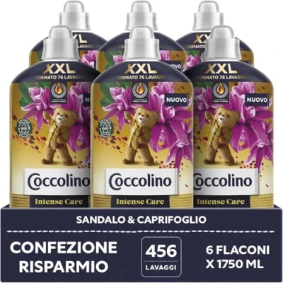 Imagen de Coccolino suavizante concentrado de sándalo y madreselva, para lavadora Intense Care con tecnología Pro Fibre, formato XXL hasta 456 lavados, 6 unidades 1750 ml