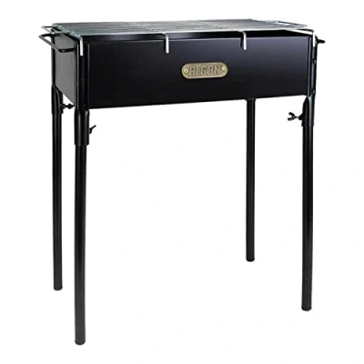 Imagen de Algon Barbacoa de Hierro Artesanal con Ruedas Parrilla Zincada Rectangular para Carbón y Leña Ajustable en 5 Niveles Protector Viento Superficie Lateral Madera (45x25 cm)