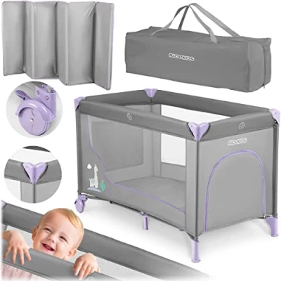 Imagen de Ricokids cuna de viaje para bebé con colchón, 125 x 65 78 cm, niños hasta 15 kg, 2 ruedas frenos, entrada lateral extraíble, bolsa transporte, plegable, compacta, gris