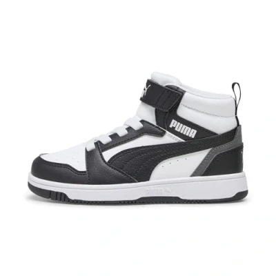 Imagen de Puma Rebound V6 MID Unisex Zapatillas altas para niños, Talla: 34.5, White/black/shadow gray Zapatos