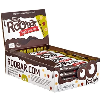 Imagen de Roobar Barra de Avellana Rica en Proteínas Cubierta Chocolate vegana 100% orgánica para una nutrición óptima. sin lácteos ni gluten, azúcar refinado añadido, barras 16 x 40 g