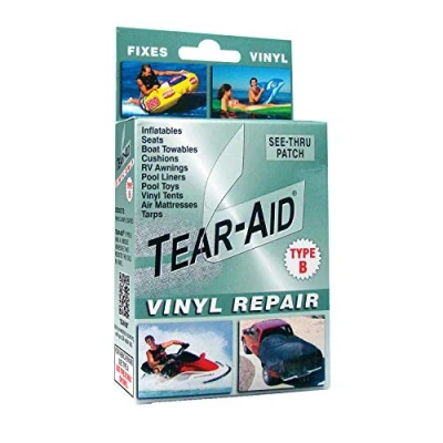 Imagen de TEAR AID Kit de reparación vinilo, parche transparente tipo B para materiales recubiertos vinilo y funciona en tiendas campaña, toldos, colchones aire, revestimientos piscina