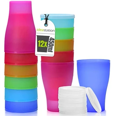 Imagen de idea station Neo vasos plastico 12 x 450 ml colores con tapa vaso infantil vajilla camping