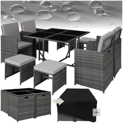 Imagen de TecTake® Conjunto Jardín Exterior de Ratán y Acero, Compacto Agrupable en Cubo, Muebles Resistente a la Intemperie, para 4 8 Personas, Fundas Extraíbles Funda Protectora Gris