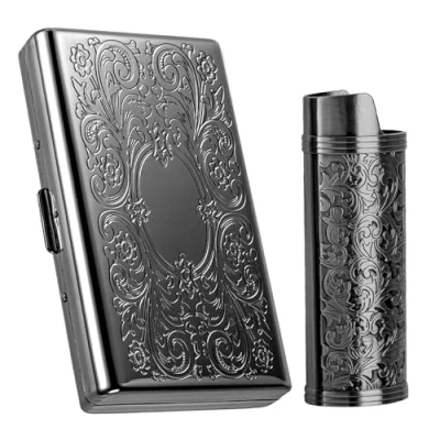 Imagen de Vintage Metal Cigarette Case with J6 Lighter Case, Holds 12pcs 100mm Cigarettes, Can Also Be Used for RFID Credit Card and Cash Organizer (Negro, 100&#039;s)