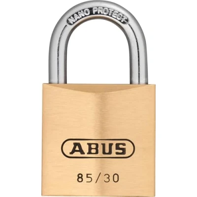 Imagen de ABUS candado de latón 85/30 para puertas sótanos, cobertizos y mucho más resistente a la intemperie cuerpo del grillete acero endurecido nivel seguridad 5