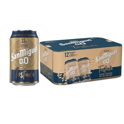 Imagen de San Miguel 0,0 Tostada, Pack 12 Latas de 33cl, Cerveza Sin Alcohol, Sabor Intenso y Tostado, Ligera Refrescante, 0,0% Alcohol