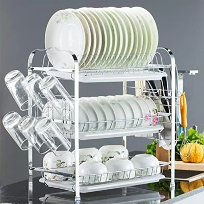 Imagen de HUOLE escurridor de Platos Acero Inoxidable para Platos, Cuencos, Tazas Estante Cocina, Desmontable, 2 Niveles (42 x 25 49 cm (Jaula Palillos + portavasos))