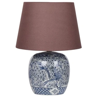 Imagen de Lámpara de mesa clásica con pantalla tela lino blanco y base porcelana azul 46 cm Neira