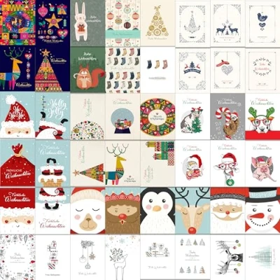 Imagen de 50 de nuestros diseños tarjetas Navidad más populares, todos diferentes con sobres marrones papel kraft reciclado. Fabricado en Alemania