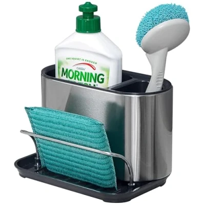 Imagen de SARSTRY Organizador Fregadero, Soporte Estropajo de acero inoxidable con Bandeja goteo extraíble y compartimento almacenamiento para fregaderos cocina