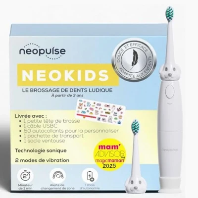 Imagen de NEOPULSE® NEOKIDS cepillo de dientes eléctrico para niños sónico a partir 3 años Recargable 2 modos Temporizador 50 pegatinas 1 ultrasuave (blanco) marca francesa.