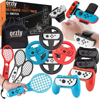 Imagen de Paquete de Accesorios Fiesta Orzly para Nintendo Switch Console con Controladores y Ruedas Carreras, Bandas Baile, Raquetas Tenis 16 Fiestas Bolsa Transporte