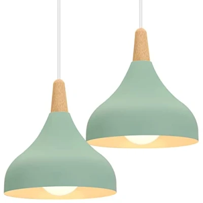Imagen de iDEGU Lámpara de techo Retro LED Colgante moderna Estilo Gota E27 Iluminación Vintage en Madera Metal para Dormitorio Comedor Cocina, 20cm (Verde, 2 Piezas)