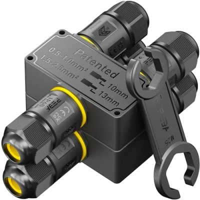 Imagen de PEBA Conector de cable estanco IP68, Caja conexión Impermeable, eléctrico 3 vías pines con llave inglesa, Manguito exterior para cables 4 12 mm, 2 piezas