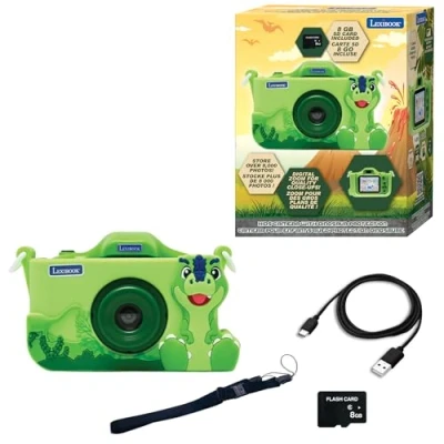 Imagen de Lexibook, Dinosaurio, Cámara 4 en 1 para niños con protección, Funciones de Foto, Video, MP3 y Juegos, 15 Marcos Personalizar Tus Fotos, Tarjeta Memoria 8 GB incluida, DJ078DINO