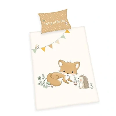 Imagen de Herding Forest Friends Juego de Ropa Cama Oeko Tex, Funda Almohada 40 x 60 cm, edredón 135 100 Cierre botón, 100% algodón/Franela, Color Blanco y marrón
