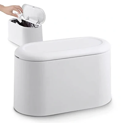 Imagen de JEEZAO Cubo de Basura Mesa con Tapa, Papelera Escritorio Mini Bote Reciclar, Maquillaje Lápiz Cubo,Reciclaje para Oficina, Baño,Hogar,Almacenamiento Alimentos Mascotas (Blanco)