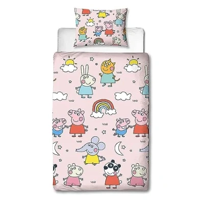 Imagen de Character World Peppa Pig and Friends Juego de funda edredón oficial para cama individual, diseño colorido y juguetón, ropa reversible 2 caras, incluye almohada a juego, color