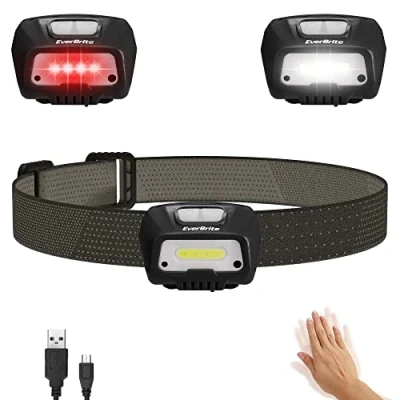 Imagen de EverBrite Linterna Frontal LED USB Recargable, Linternas Cabeza 300 Lúmenes, 5 Modos, Impermeable,45Ajustable,Sensor Inteligente,Lampára de Ideal para Correr, Acampar, Cenderismo Negro