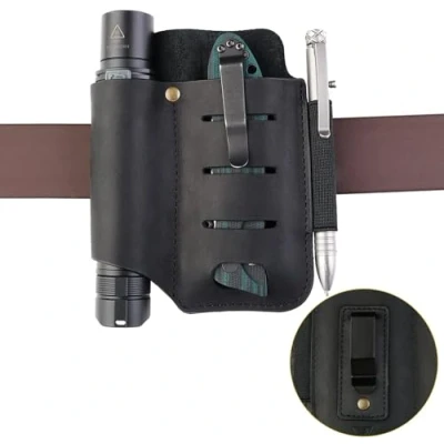 Imagen de VIPERADE PJ15 EDC Funda de Cuero, para Linterna/Funda Cuchillo Bolsillo/Funda bolígrafo táctica/para Multiherramienta, Organizador Cuchillos, Cuero con Clip Negro