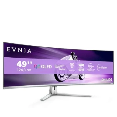 Imagen de Philips Evnia 49M2C8900LA Monitor Gaming Curvo OLED DQHD de 49 Pulgadas, 144 Hercios, 0,03ms GtG, HDR400, Ambiglow (5120x1440, HDMI 2.1, DisplayPort 1.4, USB C, Hub) Blanco