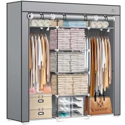Imagen de KESSER® Armario, Armario de Tela, Robusto con Barra Colgar y estantes, Incl. 5 Perchas, Perchero, 150x45x175cm, Gris