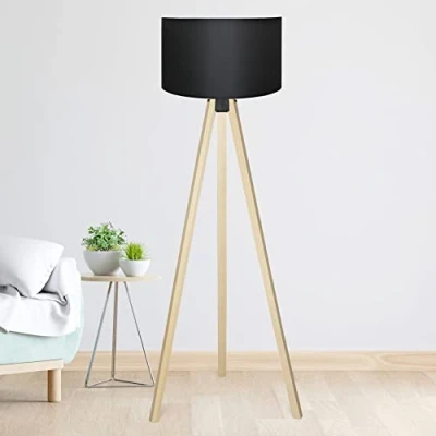 Imagen de lux.pro Lámpara de Pie Trípode Luz Iluminación Salón 1xE27 20 W MDF 100% Poliéster 21 x Ø 38 cm Altura 140 Efecto madera/Negro