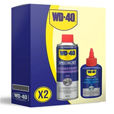 Imagen de WD 40 Specialist Bike Lote para Cuidado y Mantenimiento de Cadena Bicicleta con Desengrasante Cadenas 500Ml + Lubricante ambiente húmedo 100Ml Pack 2 Unidades