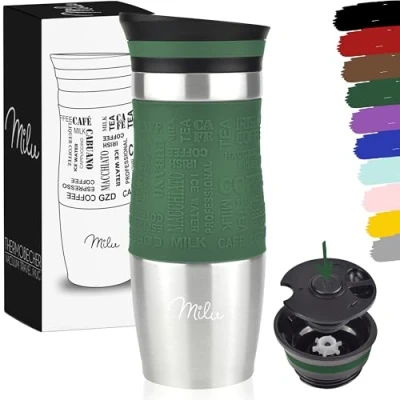 Imagen de Milu Taza aislante de café y té para llevar 370ml 450ml 100% a prueba fugas acero inoxidable beber vaso aislamiento al vacío Caliente frío (Verde oliva, 370ml)