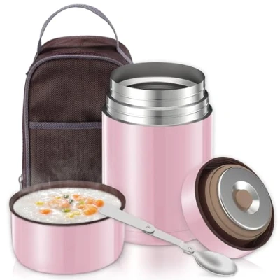 Imagen de Termo Comida Caliente 801ml, Termos para Acero Inoxidable Termico Recipiente con Bolsa Aislada e Cuchara Plegable, Solidos y Líquid, Rosa