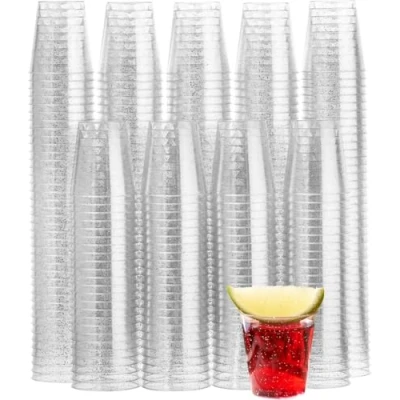 Imagen de MATANA 150 Vasos de Chupito Plástico Duro con Purpurina Plateada, 30ml Resistentes y Reutilizables Cumpleaños, Bodas, Despedidas Soltera o Soltero, Barbacoas, Fiestas