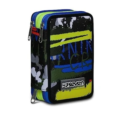 Imagen de Seven Estuche Escolar 3 Compartimientos Fluo Belts, Camou Green con Material Incluido: Lápices, Bolígrafos y Marcadores Gran Capacidad para Niños, Niñas Adolescentes