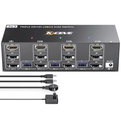 Imagen de Switch KVM USB 3.0 3 Monitores Computadoras HDMI+DP+DP Puertos, Conmutador YOUTINGHDAV 8K@60Hz 4K@144Hz para Comparte y 4 Dispositivos Ratón Teclado